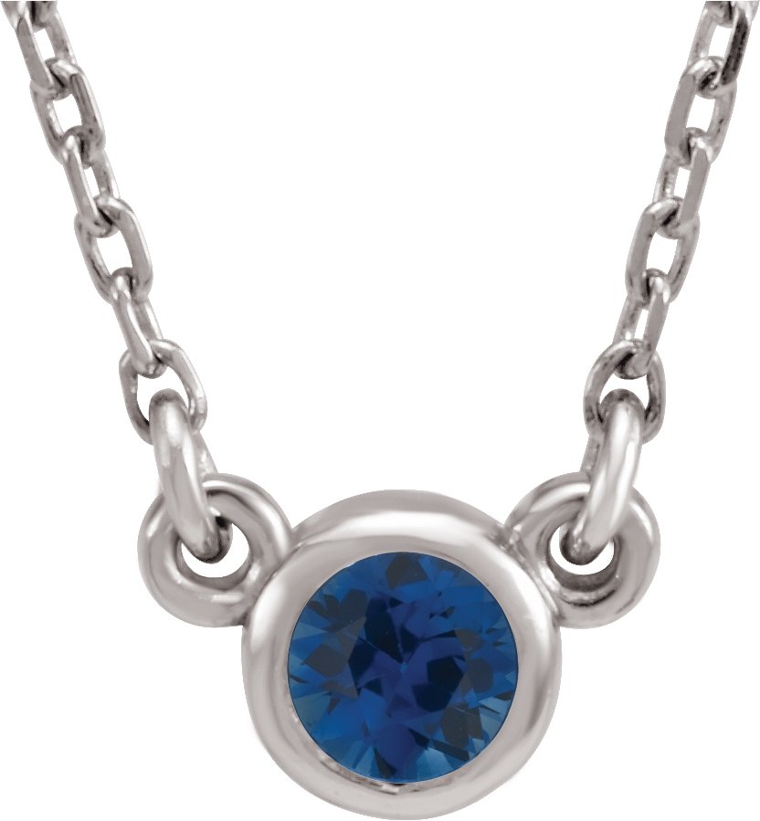 Rhodium-Plated Sterling Silver 3 mm Round Lab-Grown Blue Sapphire Bezel-Set Solitaire 16" Necklace