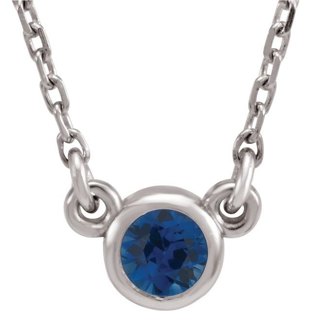 Rhodium-Plated Sterling Silver 3 mm Round Imitation Blue Sapphire Solitaire 16" Necklace