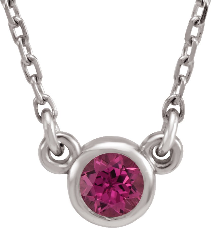 14K White 4 mm Round Natural Pink Tourmaline Solitaire 16" Necklace