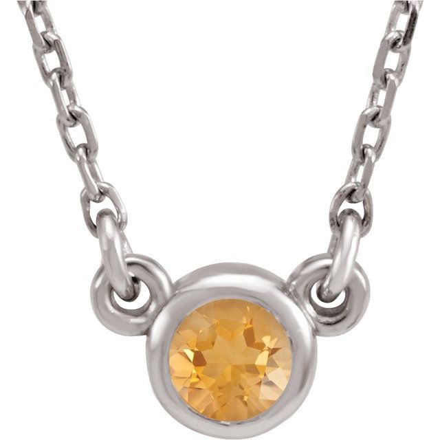 14K White 4 mm Round Natural Citrine Solitaire 16" Necklace