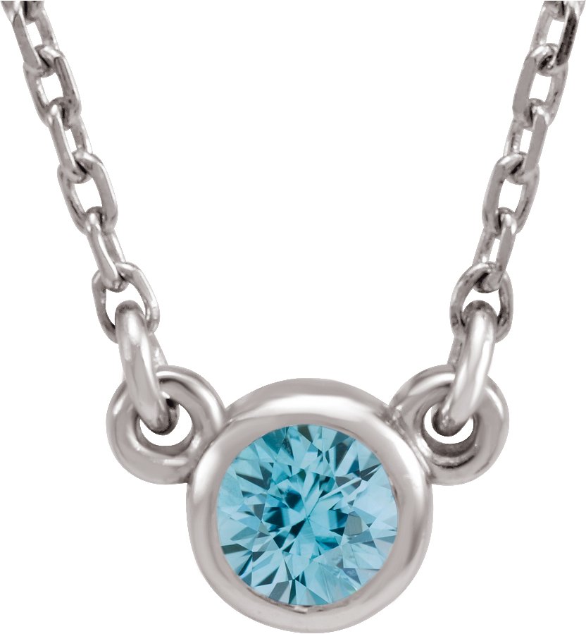 Rhodium-Plated Sterling Silver 3 mm Round Natural Blue Zircon Solitaire 16" Necklace