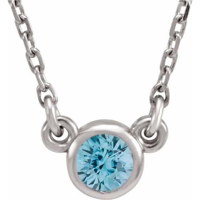 Rhodium-Plated Sterling Silver 4 mm Round Imitation Blue Zircon Solitaire 16 Necklace