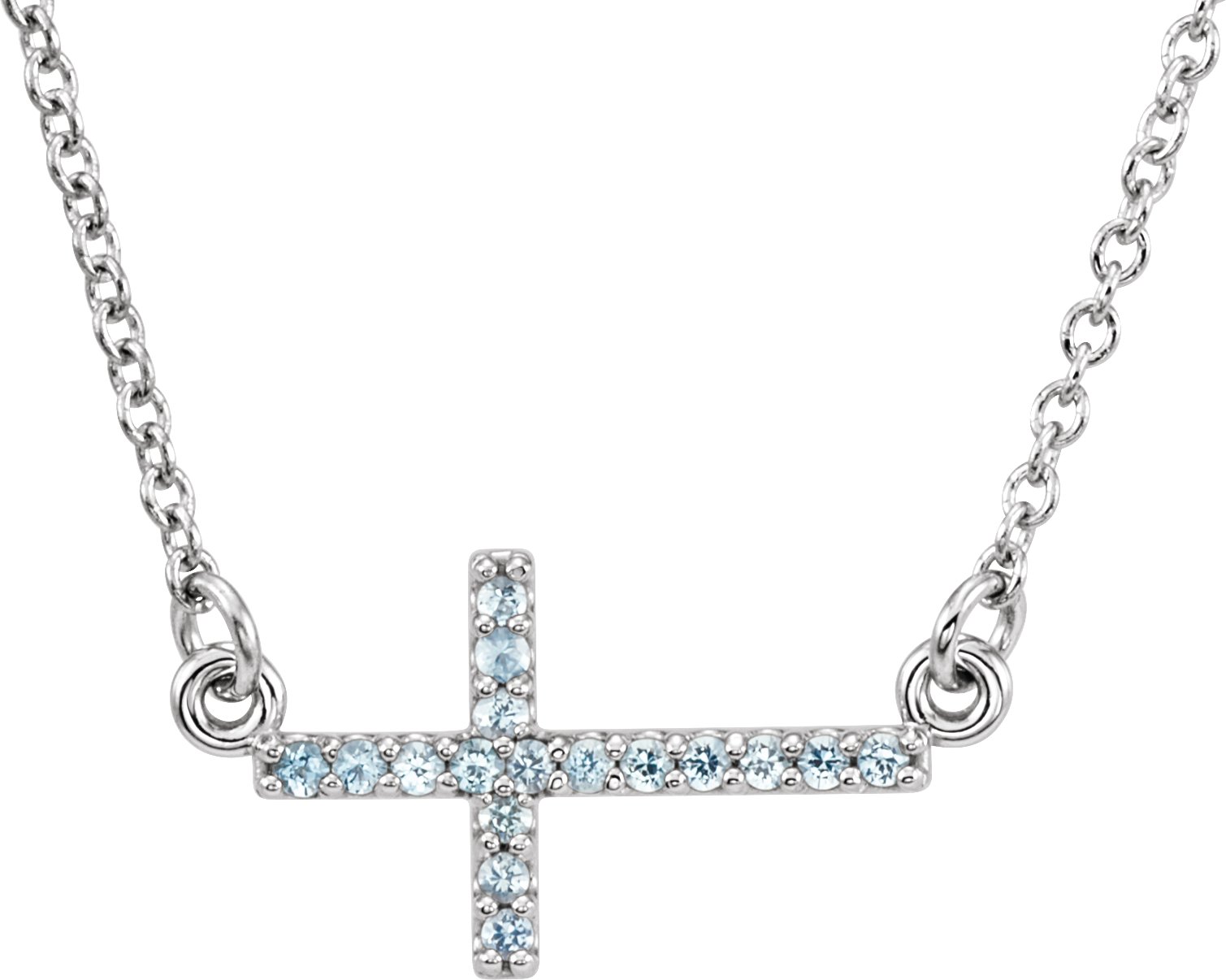 14K White Aquamarine Sideways Cross 16-18" Necklace 