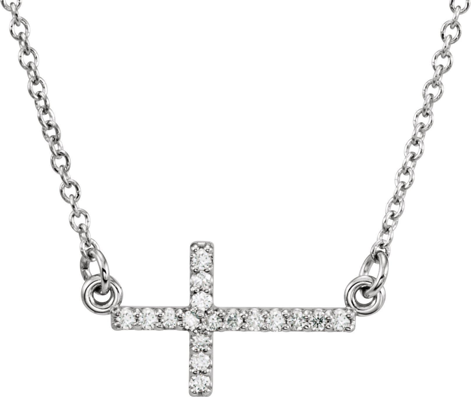 14K White .07 CTW Natural Diamond Sideways Cross 16-18" Necklace