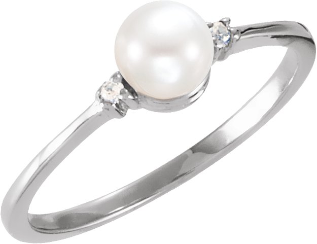 14K White Cultured White Freshwater Pearl & .025 CTW Natural Diamond Ring