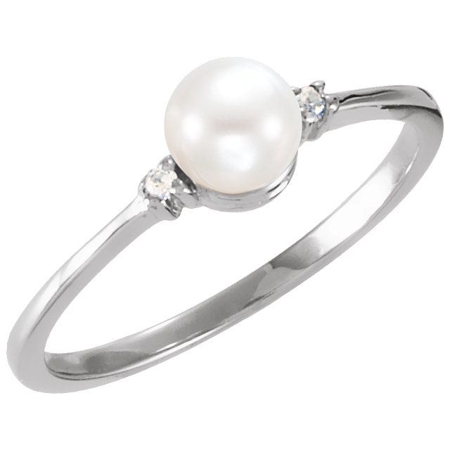 14K White Cultured White Freshwater Pearl & .025 CTW Natural Diamond Ring