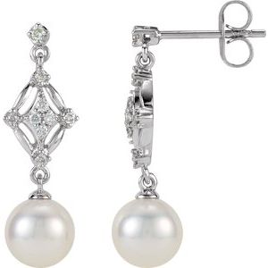 14K White 1/6 CTW Diamond and Freshwater Cultured Pearl Earrings | Stuller