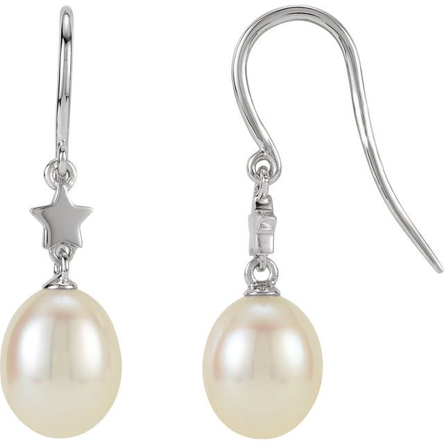 14K White Cultured White Freshwater Pearl Star Earrings