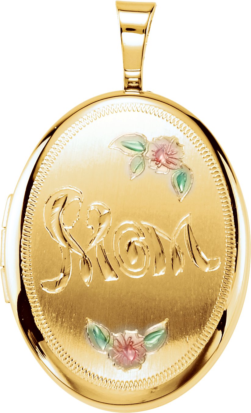 14K Yellow Gold-Plated Sterling Silver 24.5x15 mmOval Mom Locket with Enameled Flowers