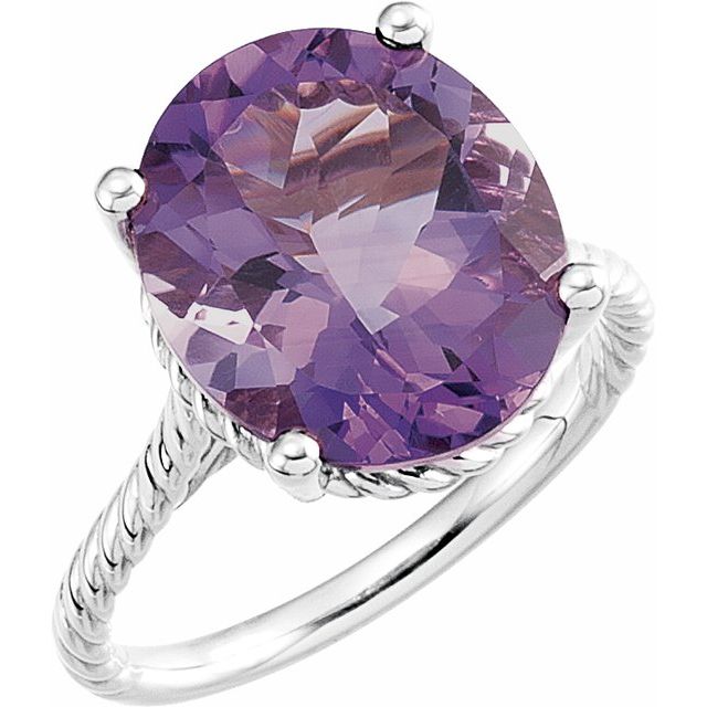 14K White 14x12 mm Oval Natural Amethyst Rope Ring