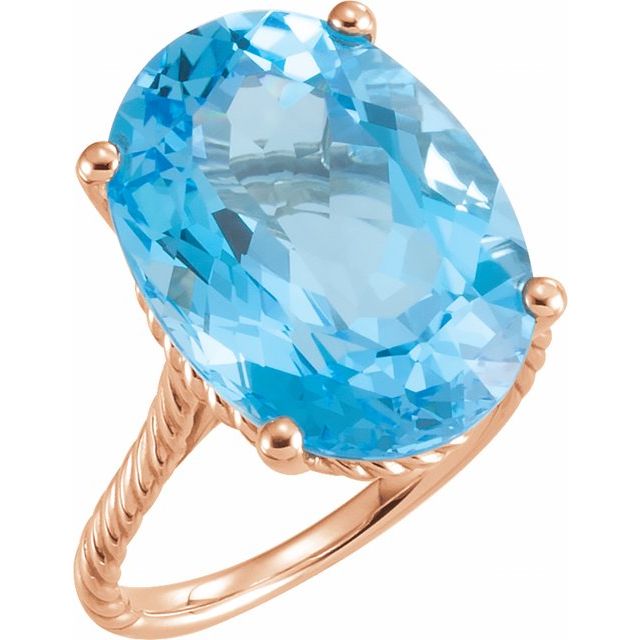 14K Rose 18x13 mm Oval Natural Swiss Blue Topaz Rope Ring