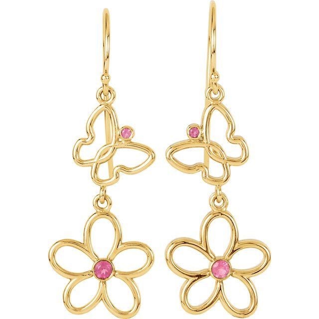 14K Yellow Natural Pink Tourmaline Butterfly & Floral Earrings