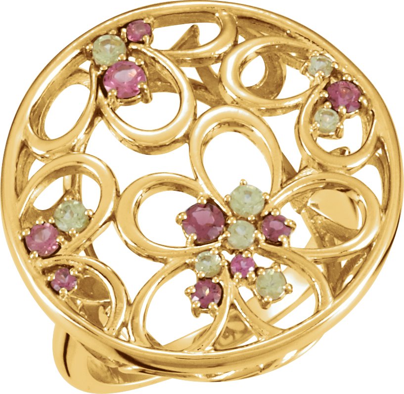 14K Yellow Pink Tourmaline and Peridot Floral Inspired Ring Size 7 Ref 4350983