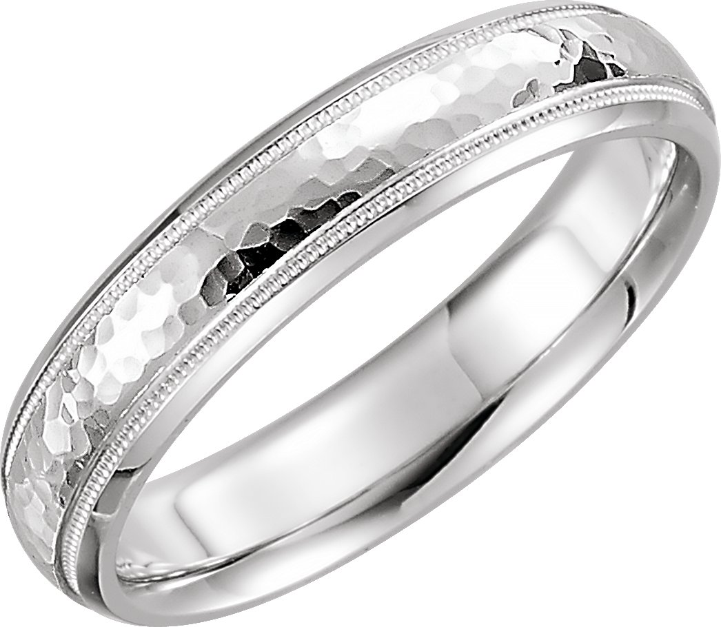 Platinum 5 mm Half Round Band with Hammered Texture & Milgrain Size 10