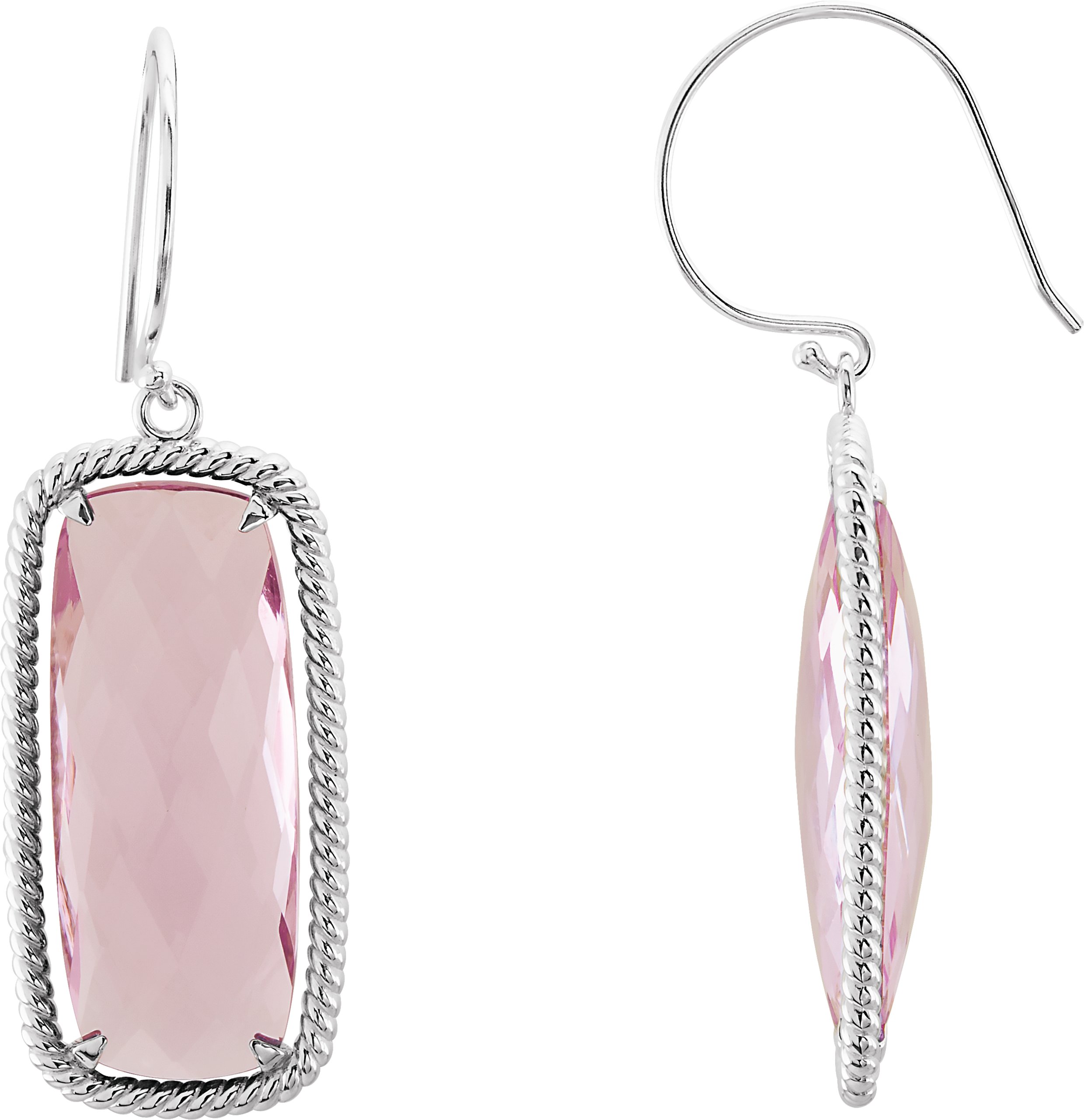 Sterling Silver Cushion Rose Quartz Rope Styled Dangle Earrings Ref 4943204