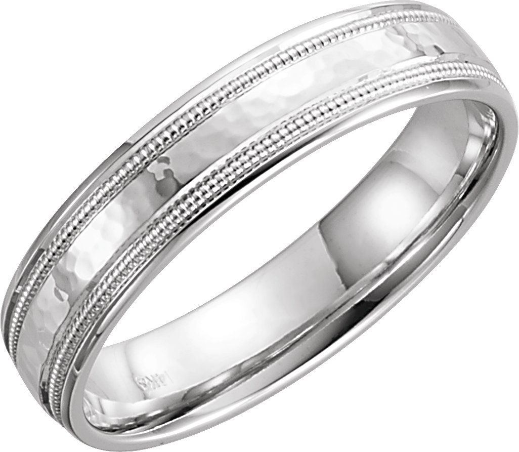 14K White 5 mm Flat Edge Band with Hammered Texture & Milgrain Size 11