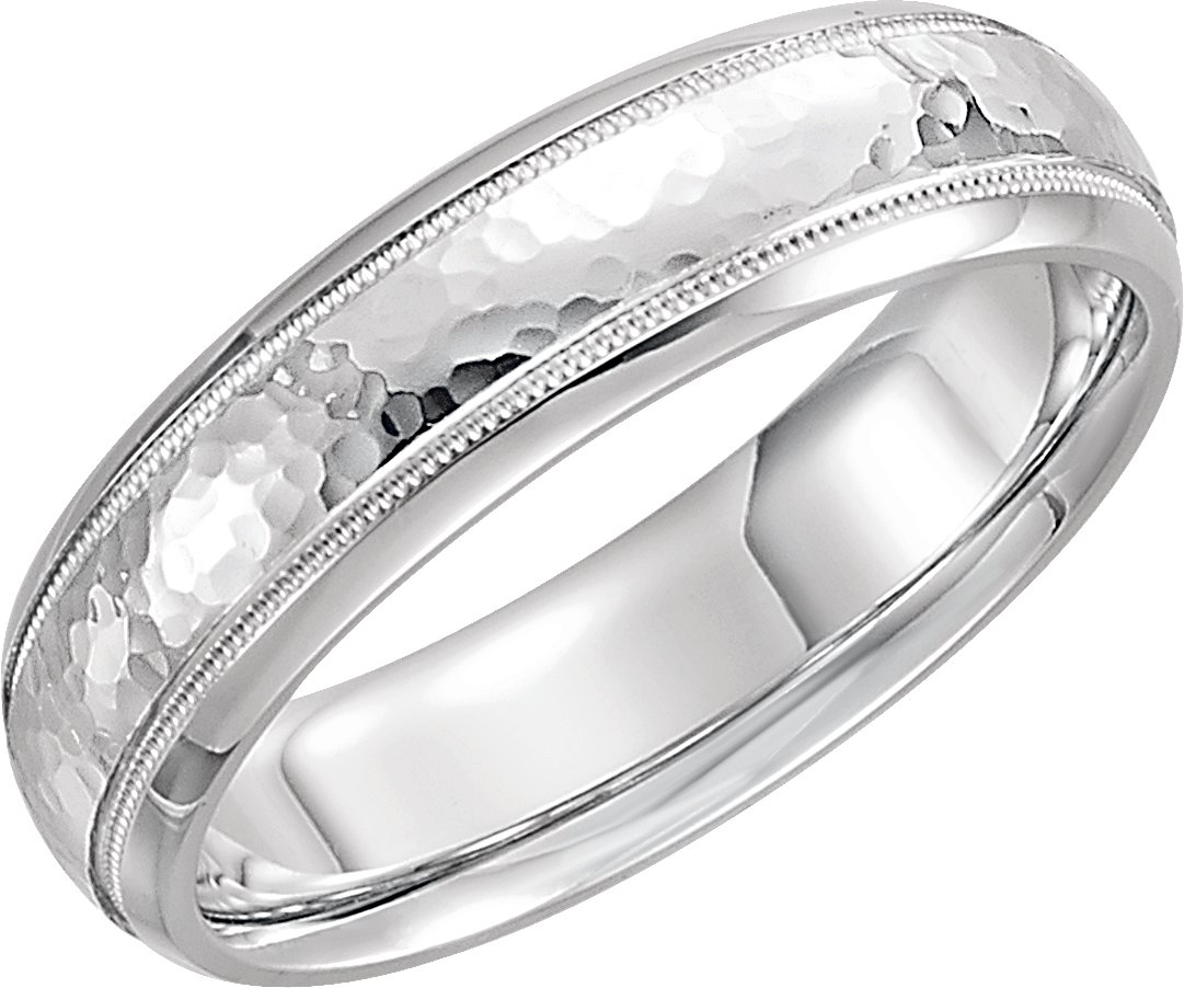 Platinum 6 mm Half Round Band with Hammered Texture & Milgrain Size 8.5