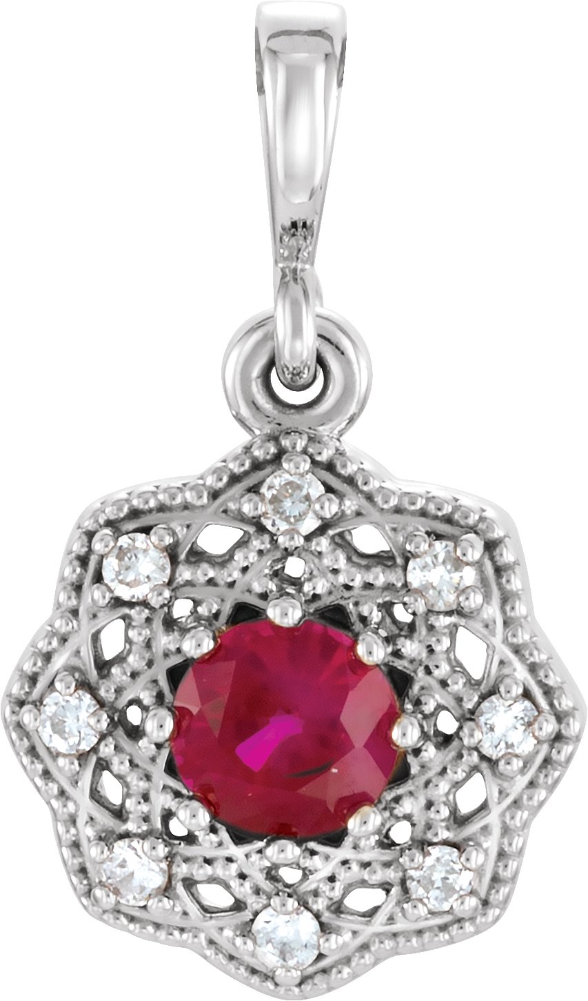 14K White Natural Ruby & .06 CTW Natural Diamond Halo-Style Pendant 