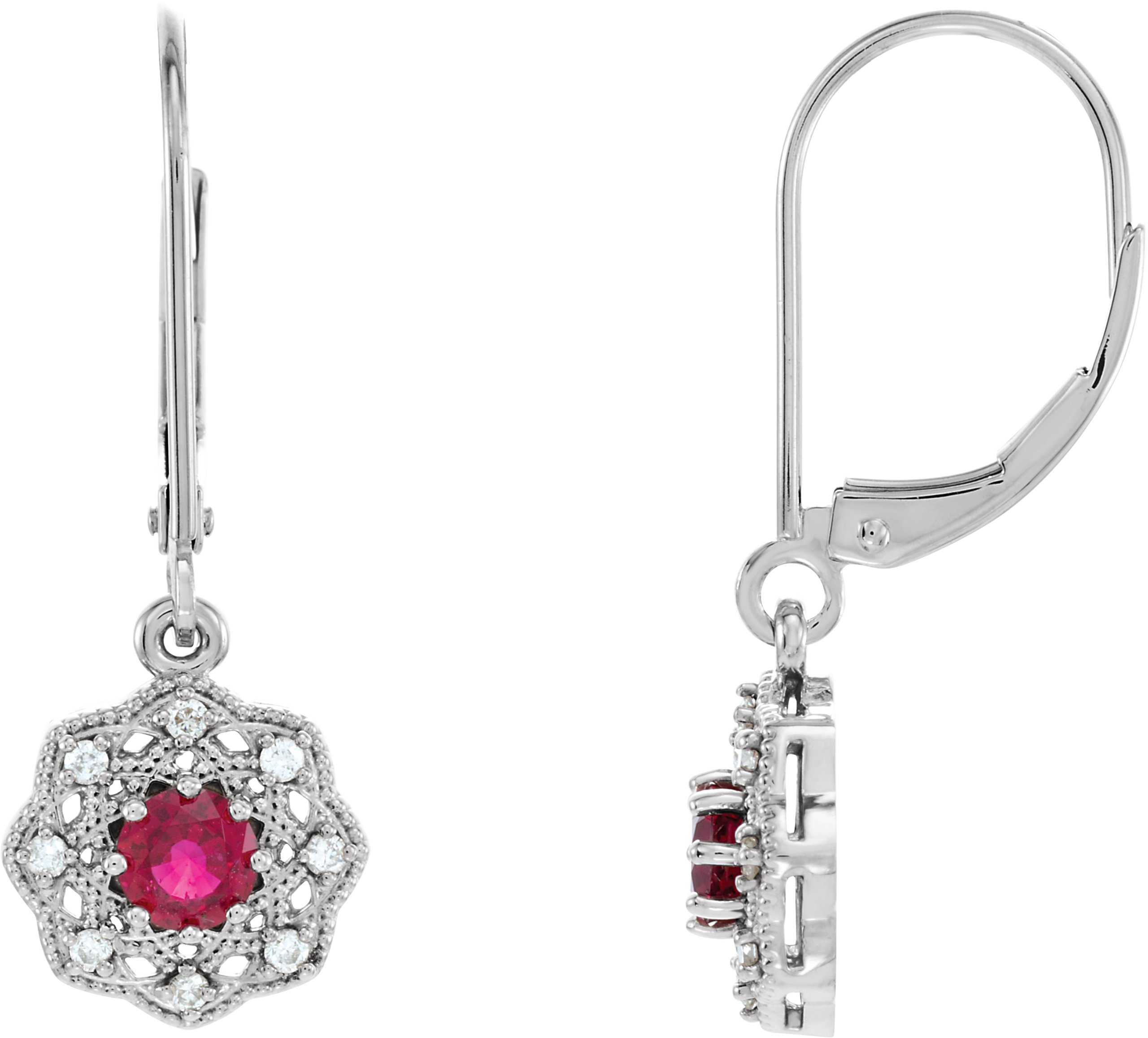 14K White Natural Ruby & 1/8 CTW Natural Diamond Halo-Style Earrings
