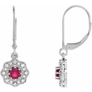 14K White Natural Ruby & 1/8 CTW Natural Diamond Halo-Style Earrings