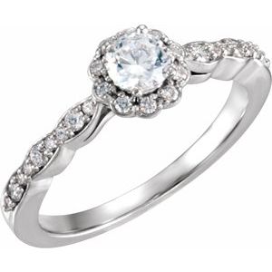 14K White 4.4 mm Round Cubic Zirconia & 1/5 CTW Diamond Halo-style Engagement Ring