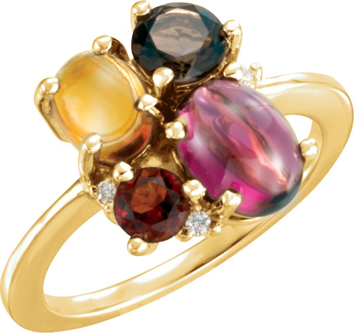 Natural Rhodolite Garnet, Natural Citrine, Natural Smoky Quartz & .03 CTW Natural Diamond Ring