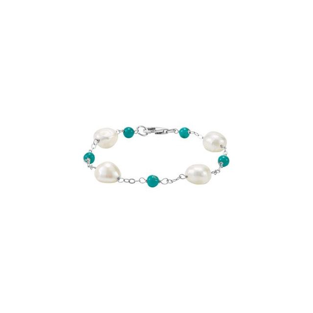 Sterling Silver Cultured White Freshwater Pearl & Natural Turquoise Station 7 1/2 Bracelet