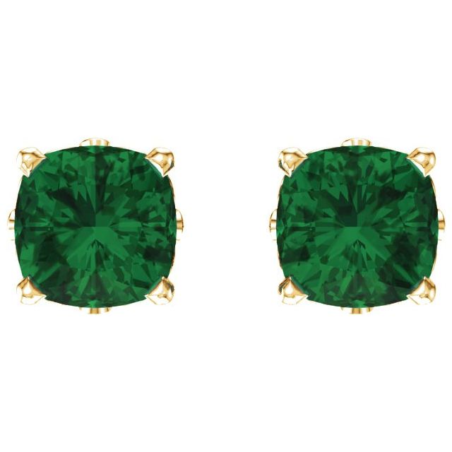 14K Yellow 6x6 mm Cushion Lab-Grown Emerald Earrings
