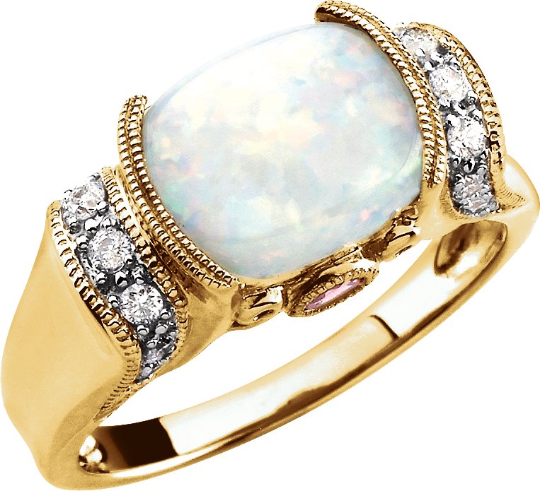 14K Yellow/White Natural White Opal, Natural Pink Tourmaline & 1/6 CTW Natural Diamond Ring