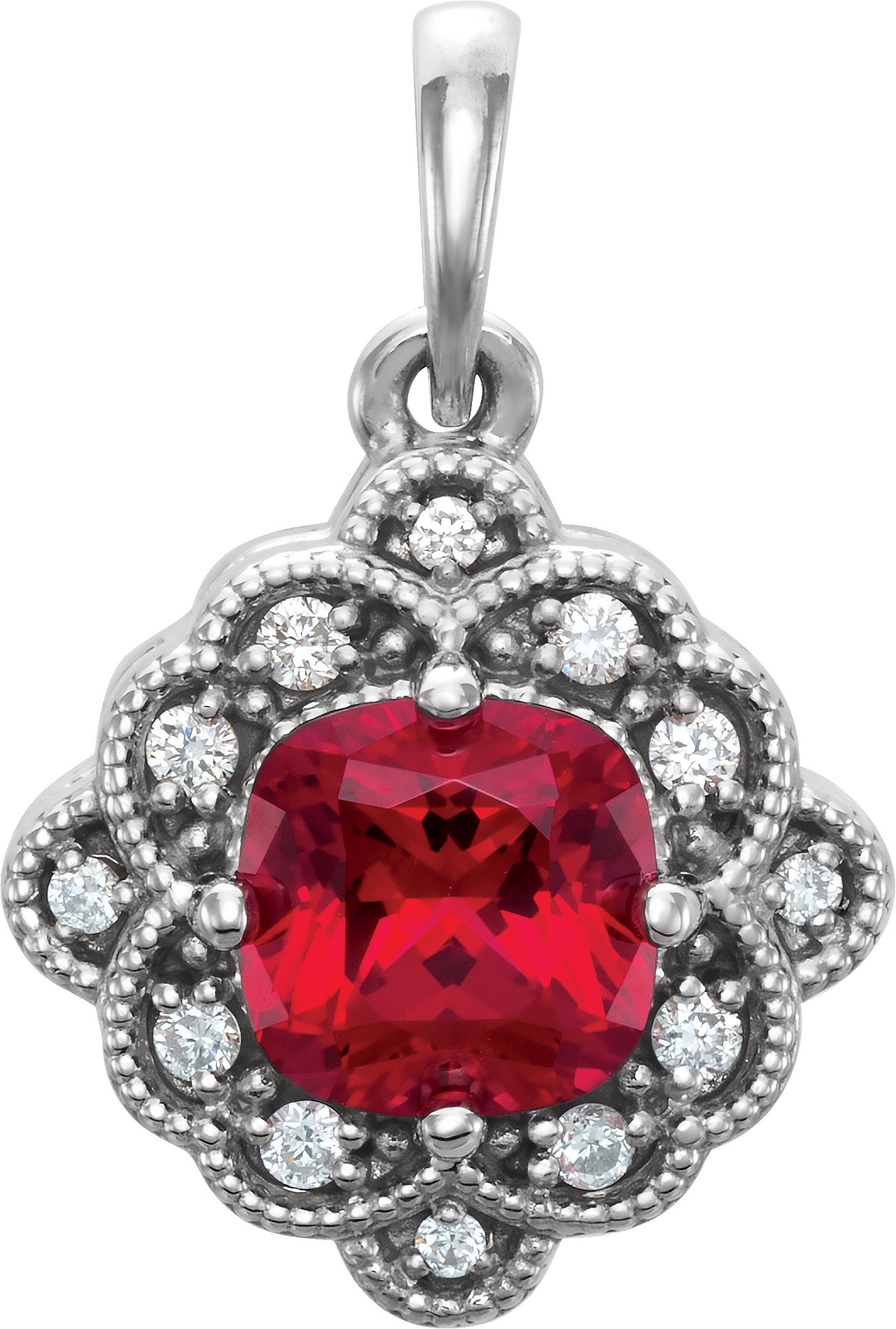 14K White Lab-Grown Ruby & 1/10 CTW Diamond Pendant