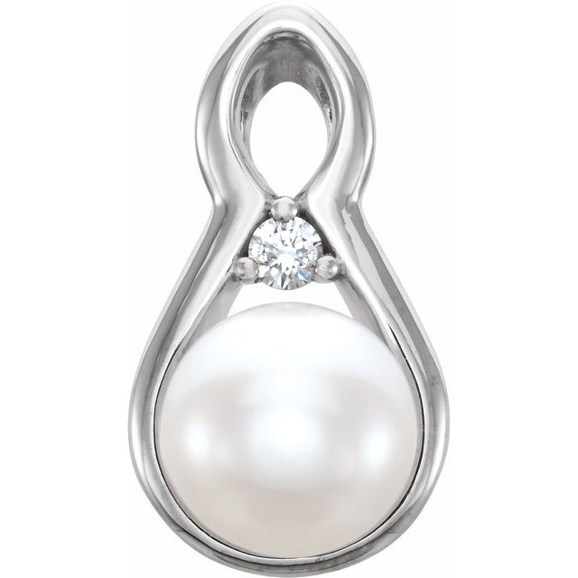14K White Cultured White Freshwater Pearl & .03 CTW Natural Diamond Pendant