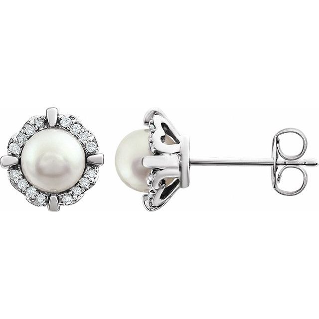 14K White Cultured White Freshwater Pearl & 1/10 CTW Natural Diamond Earrings