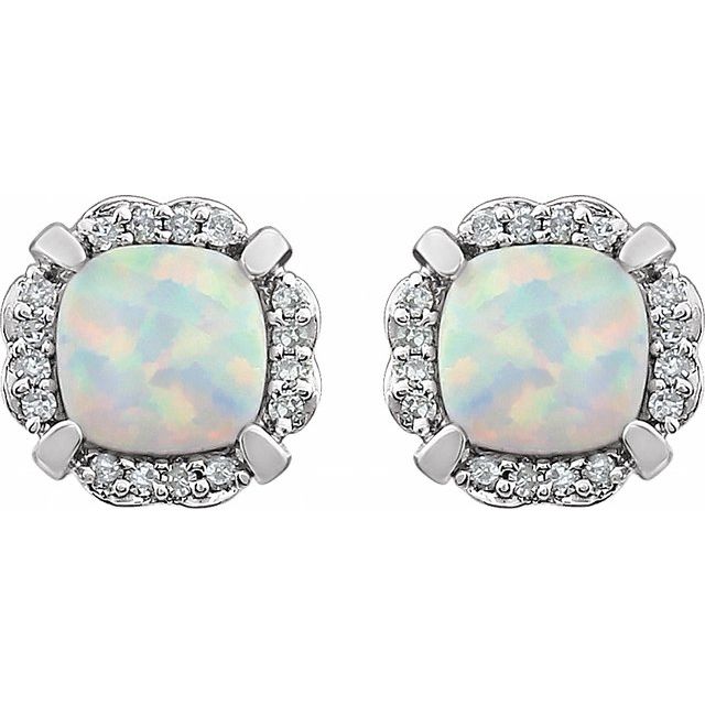 14K White Lab-Grown Opal & 1/10 CTW Natural Diamond Earrings