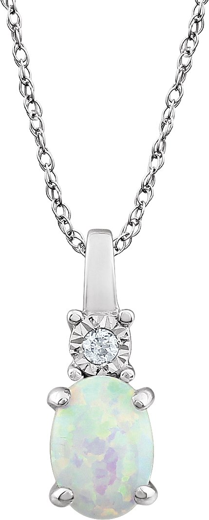 14K White Lab-Grown White Opal & .02 CT Natural Diamond 18" Necklace