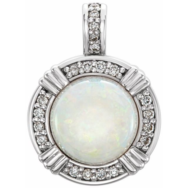 14K White Natural White Opal & 1/10 CTW Natural Diamond Pendant