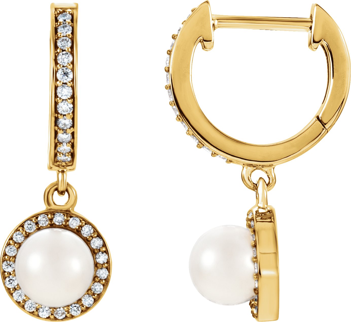 14K Yellow Cultured White Freshwater Pearl & 1/5 CTW Natural Diamond Earrings