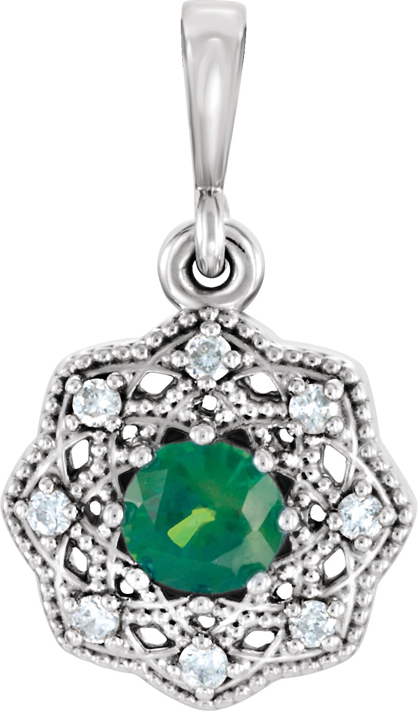14K White Emerald and .06 CTW Diamond Halo Style Pendant Ref 11796526