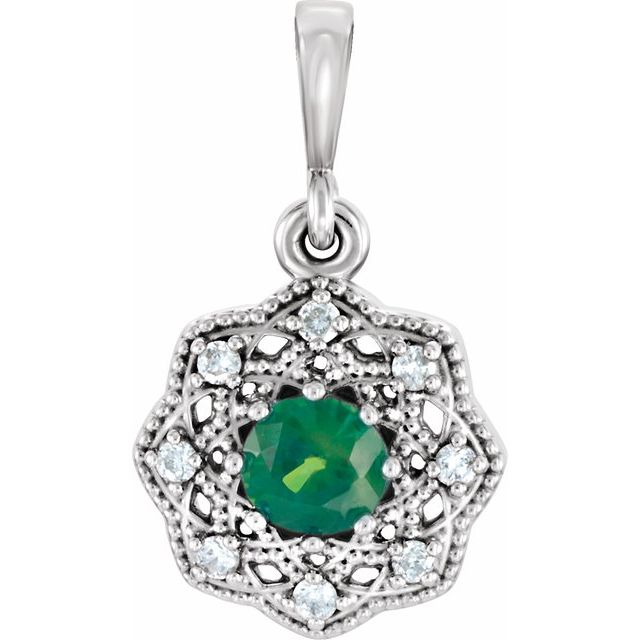 14K White Natural Emerald & .06 CTW Natural Diamond Halo-Style Pendant 
