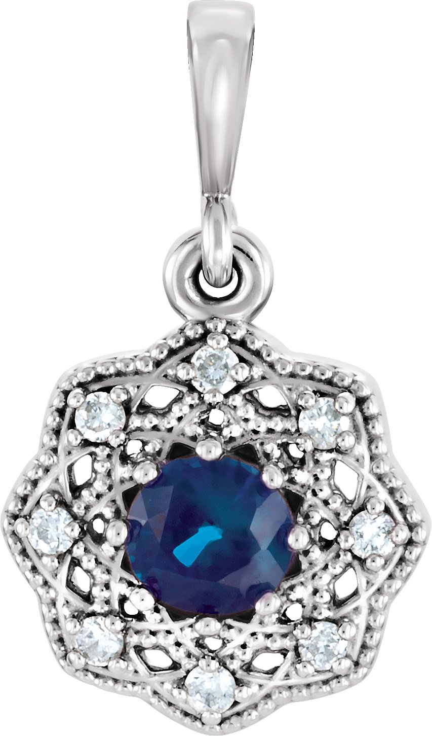 14K White Blue Sapphire and .06 CTW Diamond Halo Style Pendant Ref 11796646