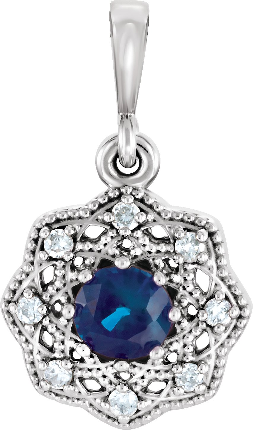 14K White Natural Blue Sapphire & .06 CTW Natural Diamond Halo-Style Pendant 