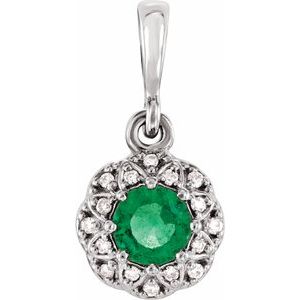 14K White Natural Emerald & .04 CTW Natural Diamond Halo-Style Pendant