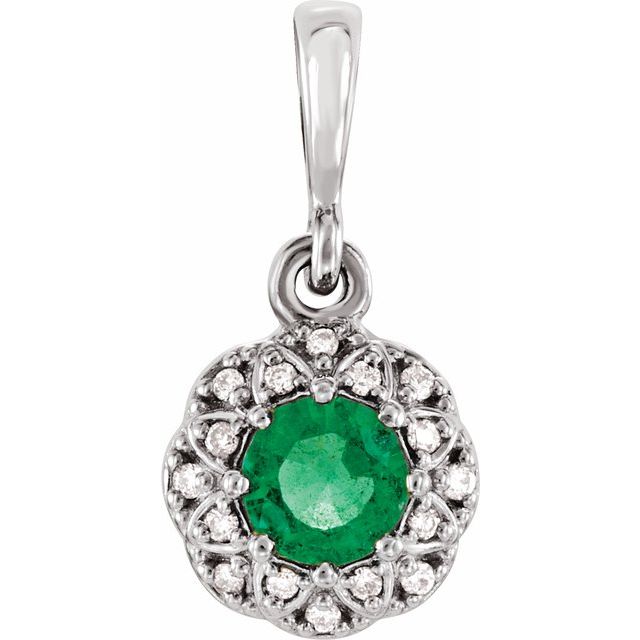 14K White Natural Emerald & .04 CTW Natural Diamond Halo-Style Pendant