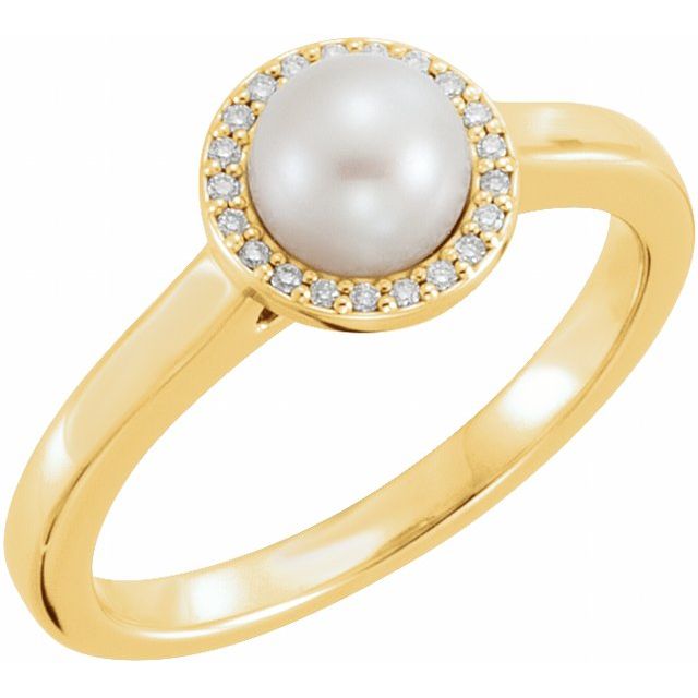 14K Yellow Cultured White Freshwater Pearl & .05 CTW Natural Diamond Halo-Style Ring