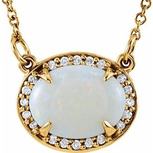 14K Yellow Natural White Opal & .05 CTW Diamond Halo-Style 16 1/2" Necklace
