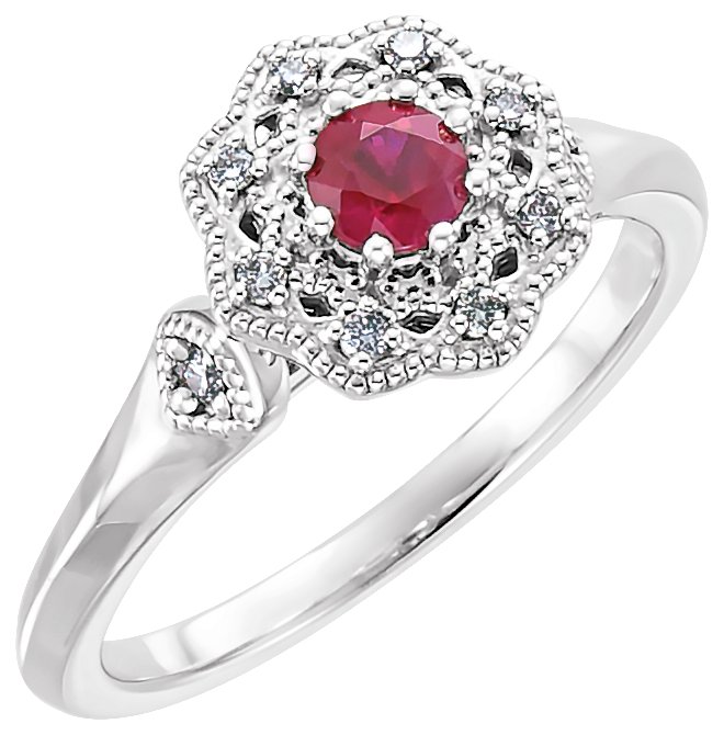 14K White Natural Ruby & 1/10 CTW Natural Diamond Ring