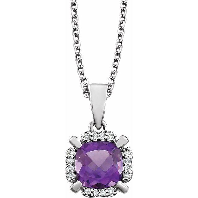 14K White Natural Amethyst & .05 CTW Natural Diamond 18" Necklace