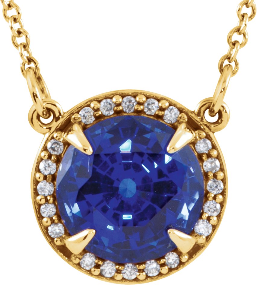 14K Yellow 7 mm Round Chatham Created Blue Sapphire and .04 CTW Diamond 16 inch Necklace Ref 13127213