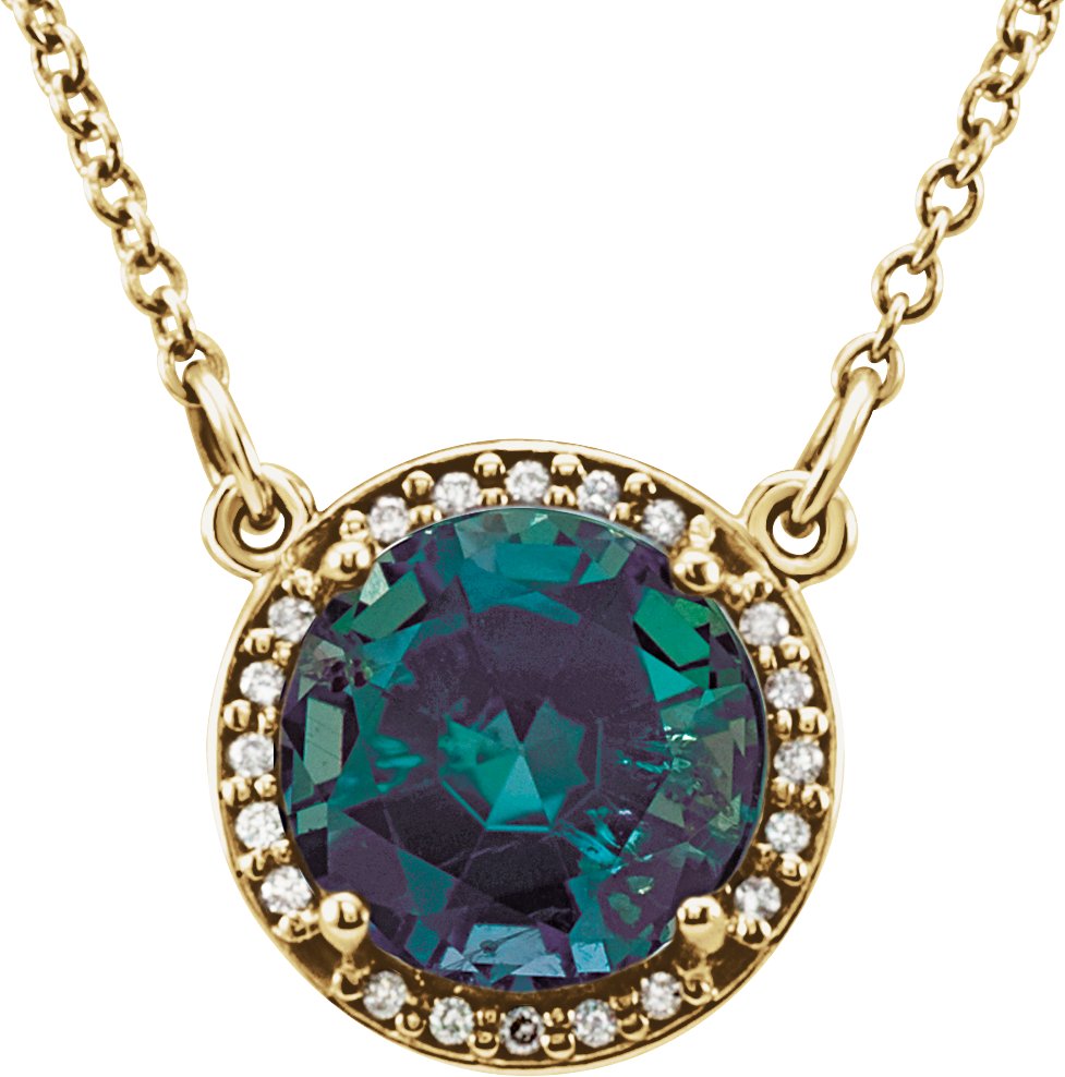 14K Yellow 7 mm Round Chatham Created Alexandrite and .04 CTW Diamond 16 inch Necklace Ref 13127158