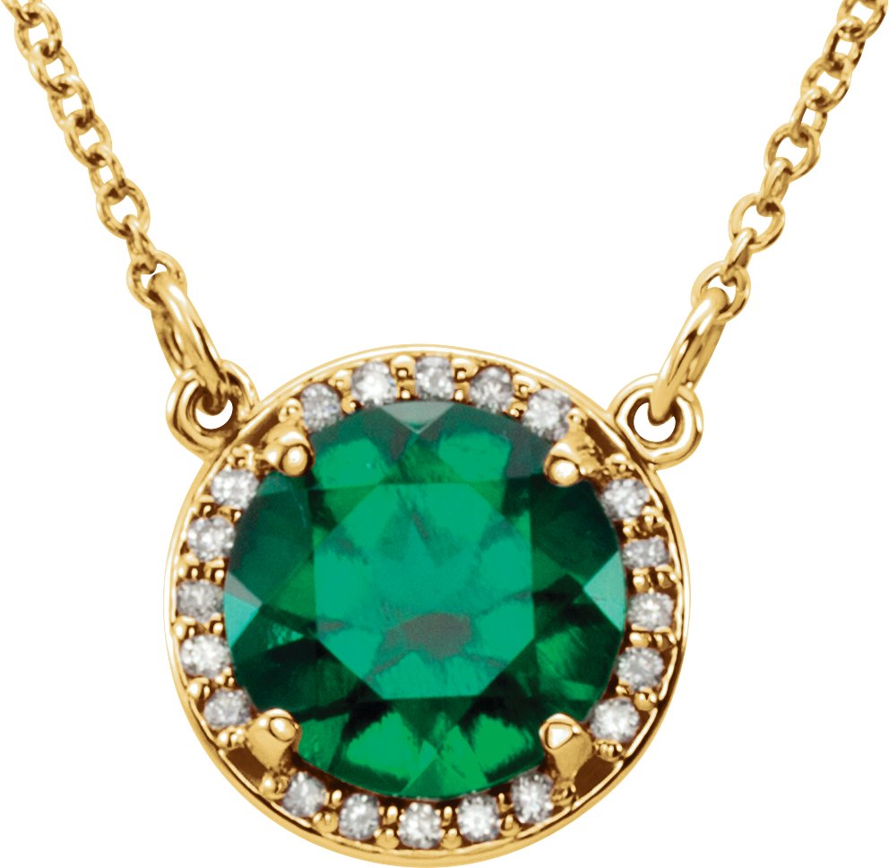 14K White 8 mm Round Chatham Created Emerald and .05 CTW Diamond 16 inch Necklace Ref 11892249