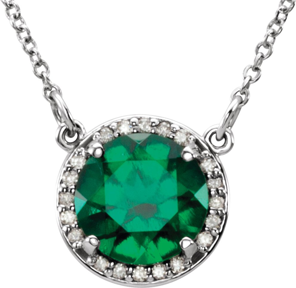 14K White 6 mm Round Chatham Created Emerald and .04 CTW Diamond 16 inch Necklace Ref 13127097